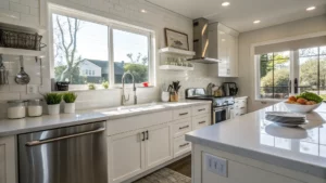 Modern kitchen interior with white cabinetry, stainless steel appliances, and natural light streaming through windows, reflecting a clean and organized space ideal for spring cleaning tips.