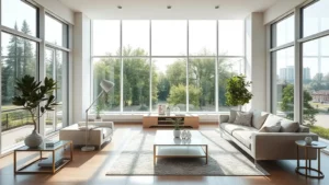 Bright and airy modern living room with large windows, showcasing a view of greenery, featuring light-colored sofas, a coffee table, and decorative plants, emphasizing a clean and inviting atmosphere for spring cleaning tips.