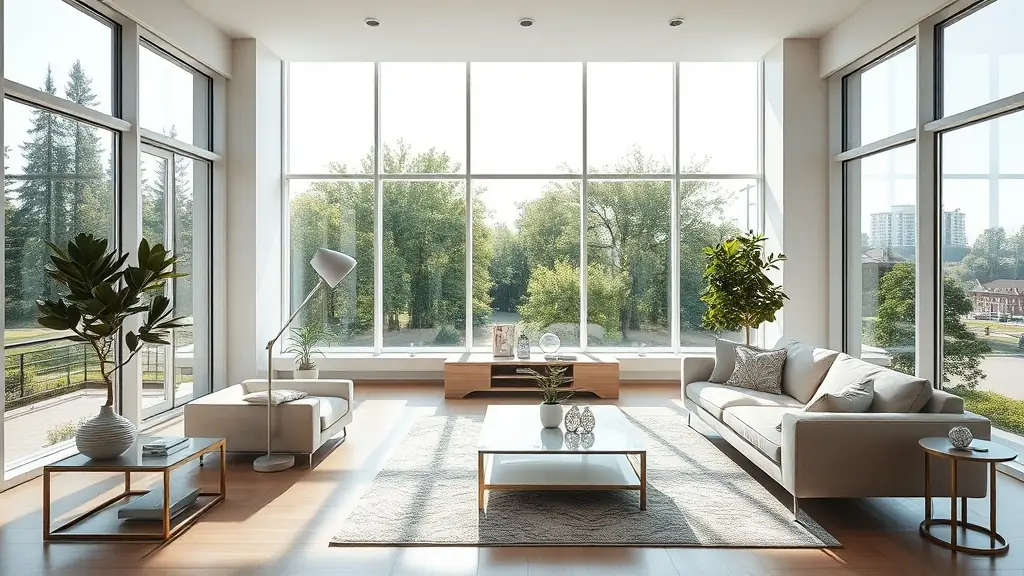 Modern living room with large windows, natural light, stylish furniture, indoor plants, and a cozy atmosphere, emphasizing a clean and inviting home environment.