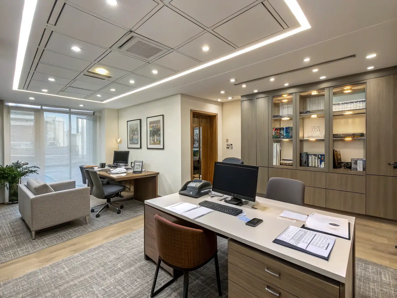 A modern and pristine office space, cleaned and maintained by Kimberlie & Co Cleaning, showcasing a professional and productive work environment free from clutter and dirt.