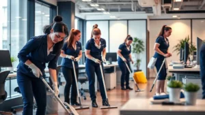 Team of professional cleaners in uniforms mopping office floor, showcasing effective cleaning services and teamwork for a spotless environment.